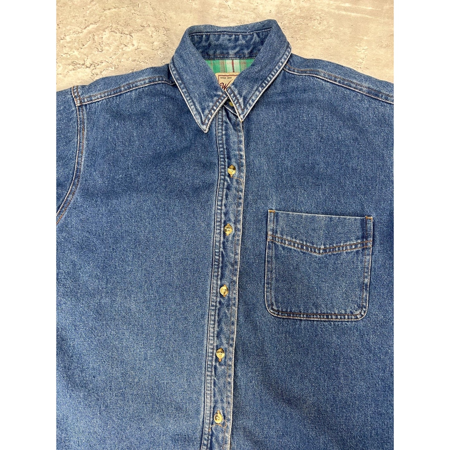 Vintage Woolrich Plaid Lined Dark Wash Denim Long Sleeve Button Up Shirt Small
