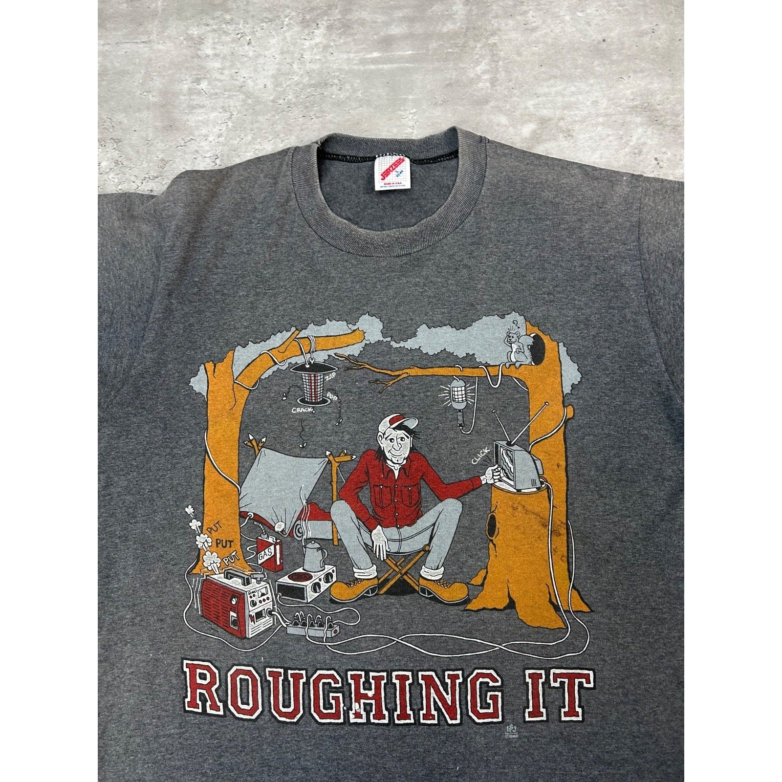 Vintage 1988 Roughing It Cartoon Camping Comedy Graphic T-Shirt Size Large
