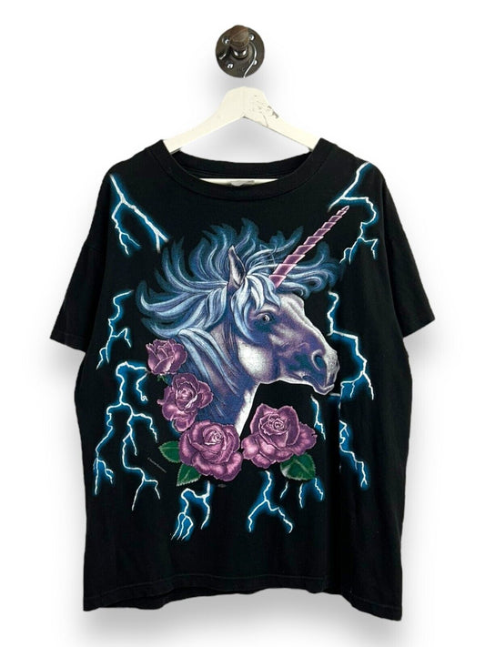 Vintage 90s USA Thunder Unicorn Lightning Graphic T-Shirt Size Large Black