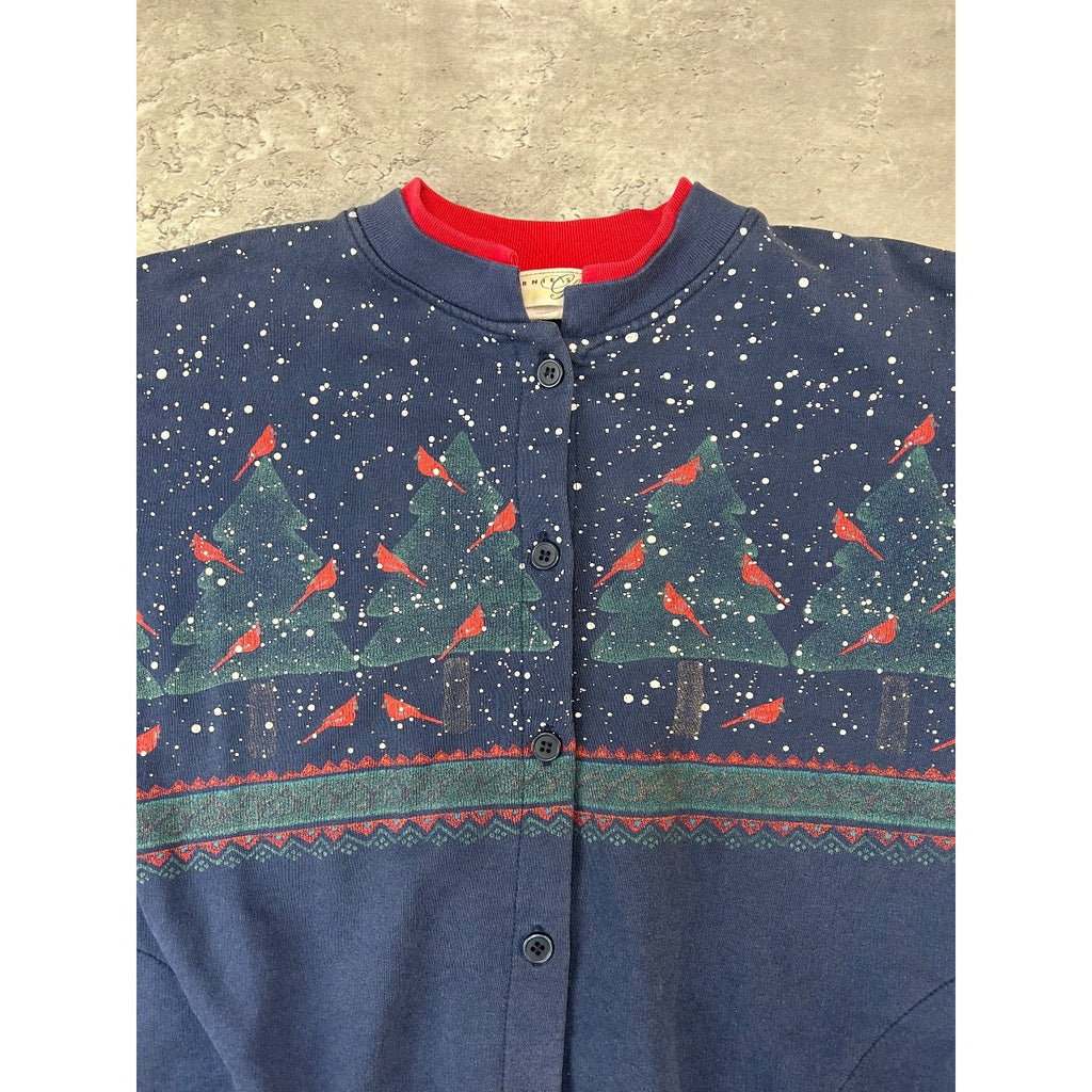 Vintage 90s Cardinal Winter Landscape All Over Print Cardigan Sweatshirt Large