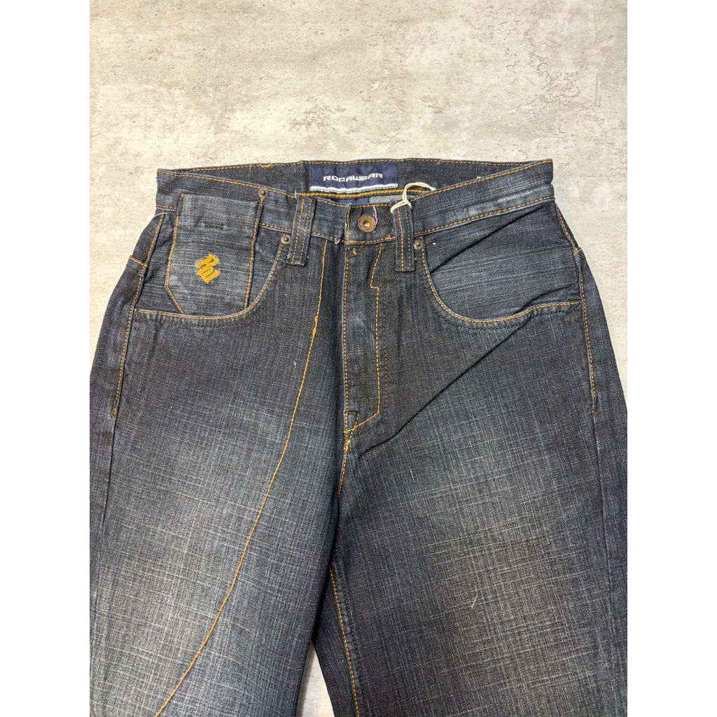 Vintage Y2K Rocawear Embroidered Pocket Dark Wash Denim Pants Size 28x32