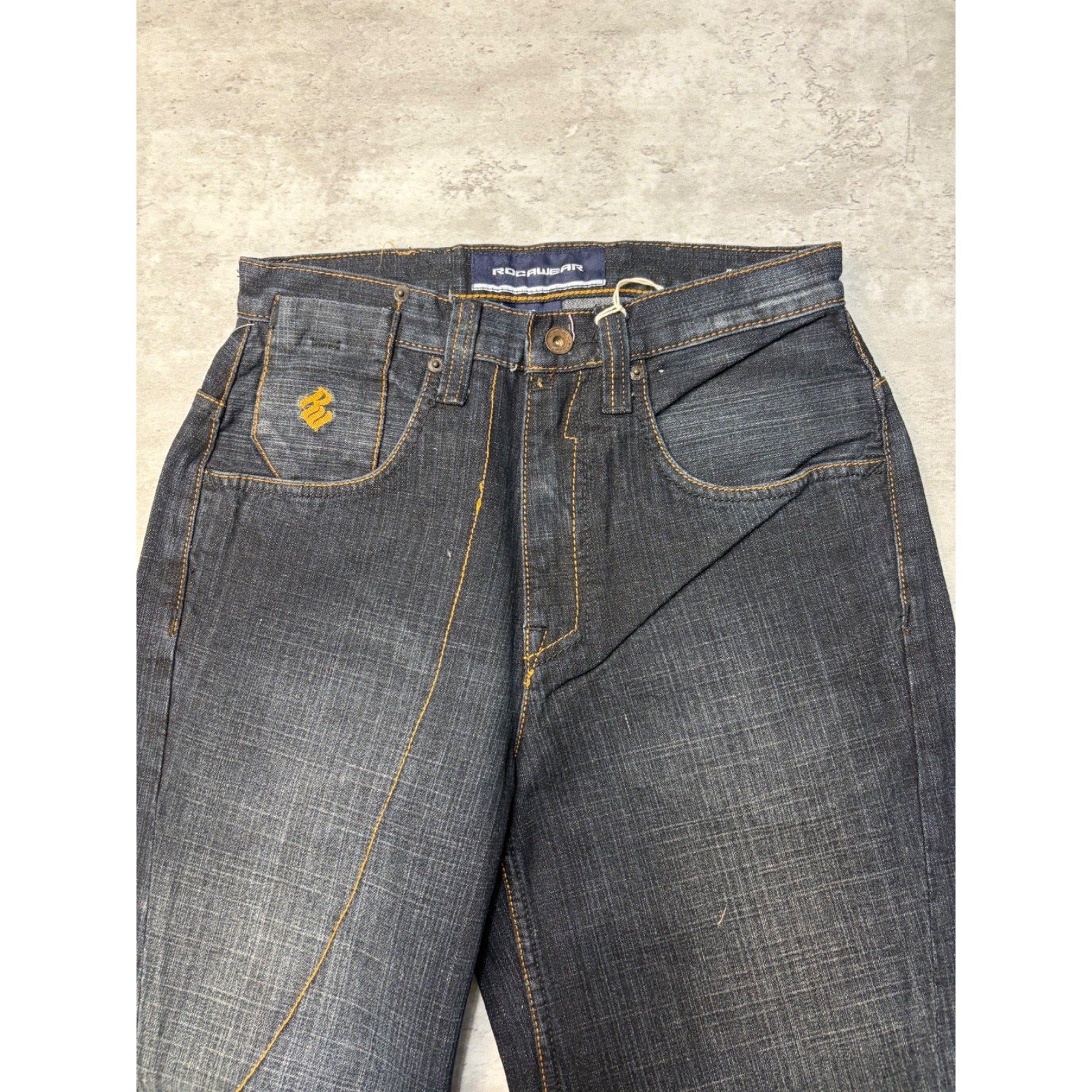 Vintage Y2K Rocawear Embroidered Pocket Dark Wash Denim Pants Size 28x32