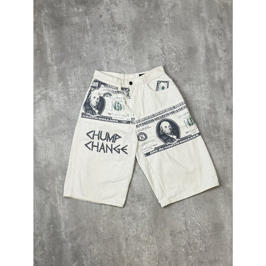 Vintage Y2K Paco Jeans Hundred Dollar Bill Patch Work White Denim Shorts Sz 28