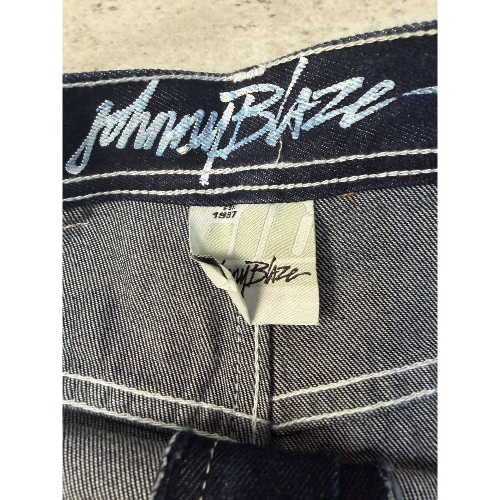 Y2K Womens Johnny Blaze Embroidered Spellout Dark Wash Denim Pants 28x29