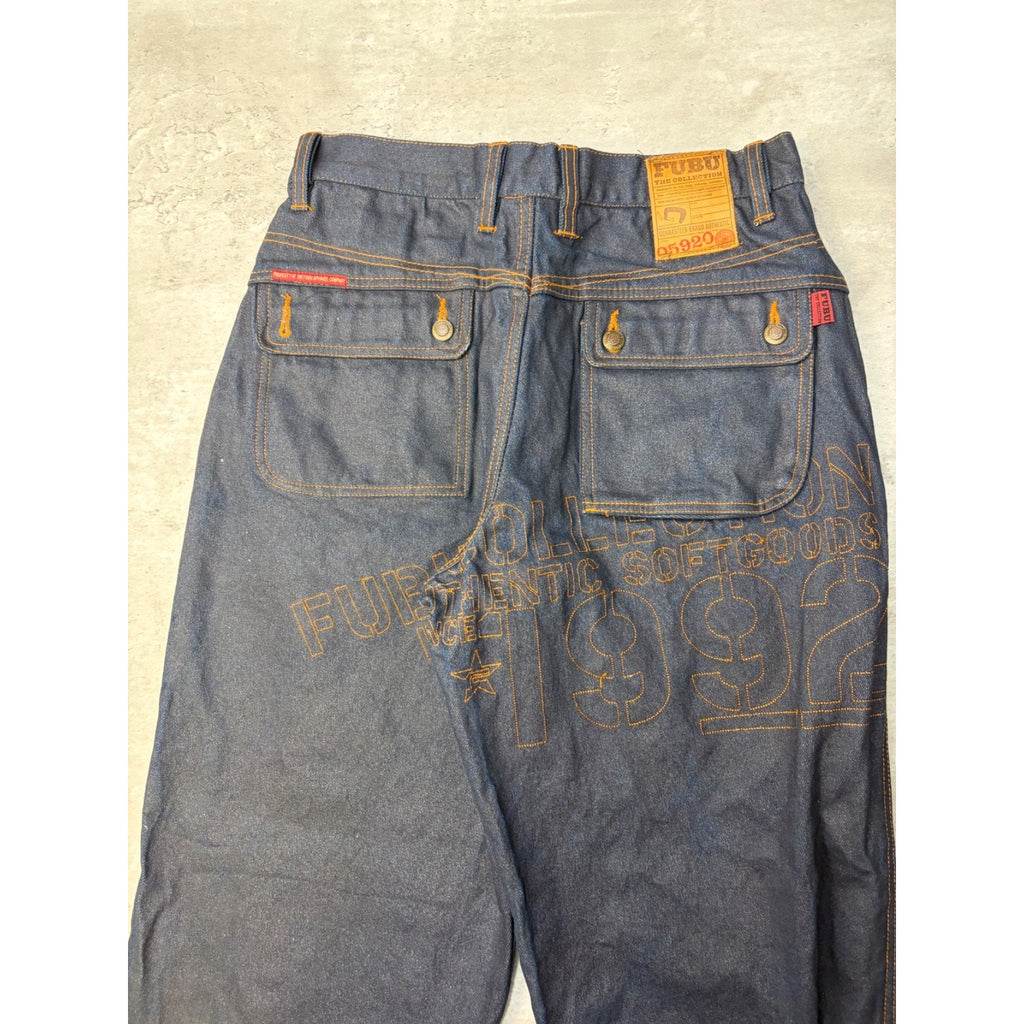 Vintage Y2K Fubu Contrast Embroiderey Dark Wash Wax Denim Pants Size 32