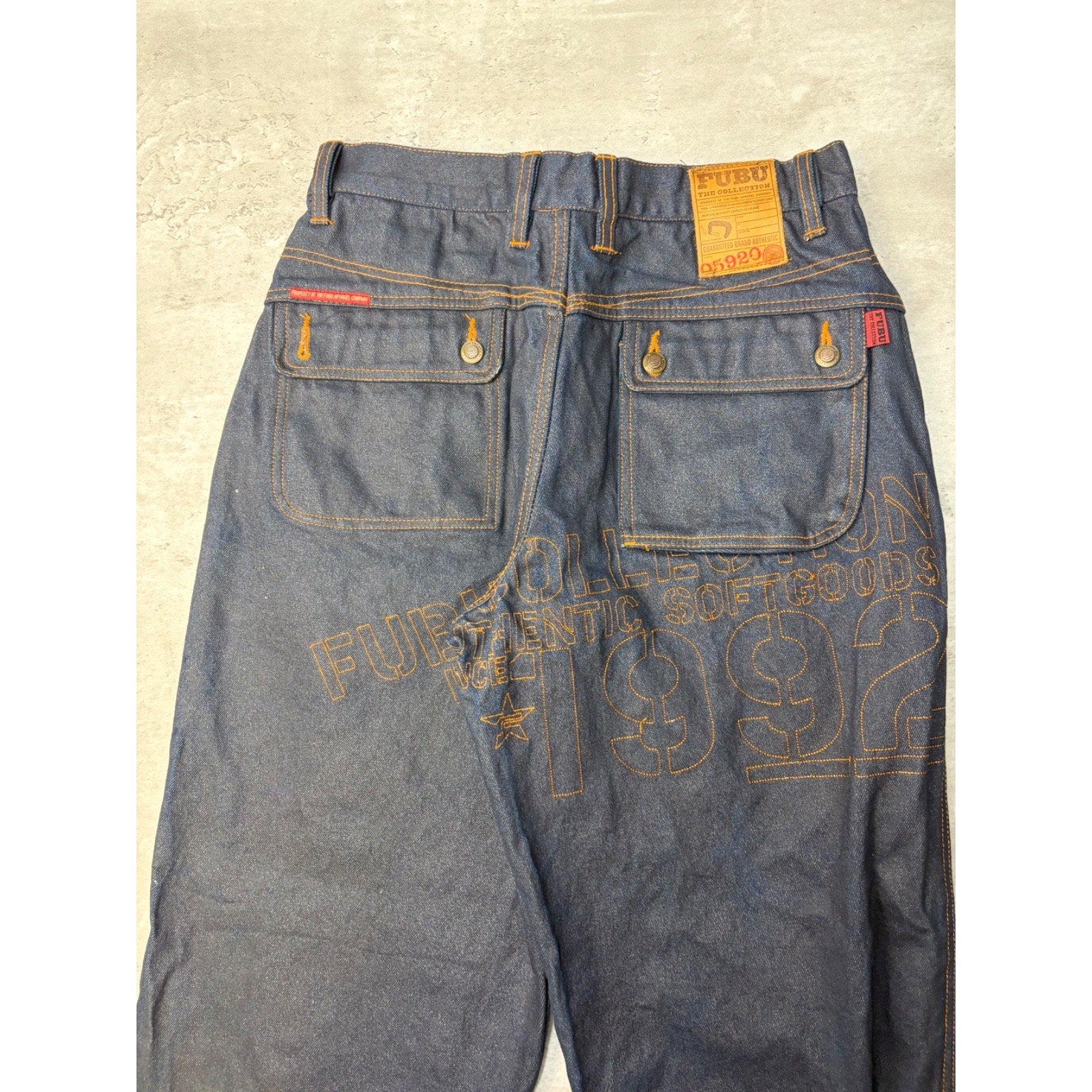 Vintage Y2K Fubu Contrast Embroiderey Dark Wash Wax Denim Pants Size 32