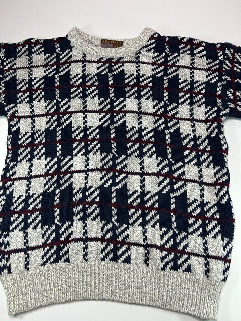 Vintage 90s Authentic Issue Plaid Print Pull Over Ribbed Knit Sweater Size Large