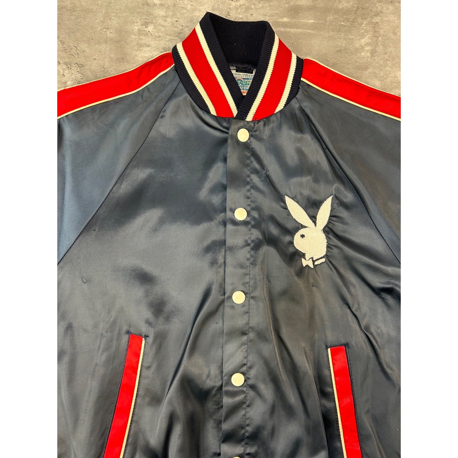 Vintage 80s Playboy Embroidered Logo Satin Bomber Jacket Size Small