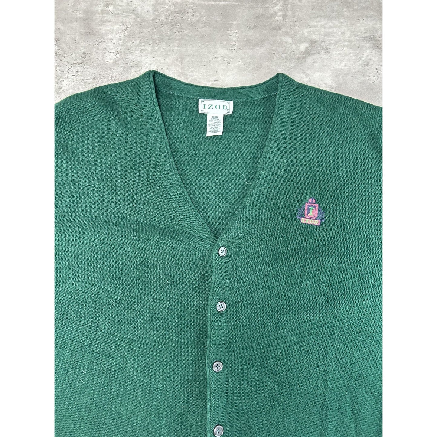 Vintage 80s/90s Izod Embroidred Crest Cardigan Knit Sweater Size Large Green