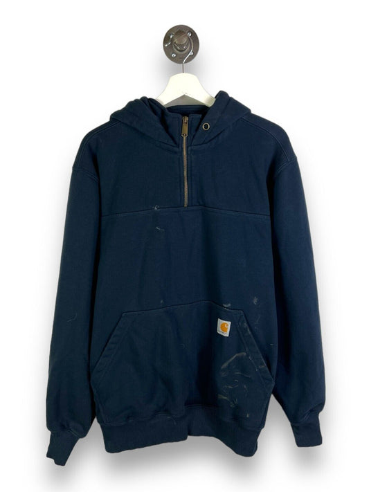 Carhartt Rain Defender 1/4 Zip Workwear Hooded Sweatshirt Size Medium Blue