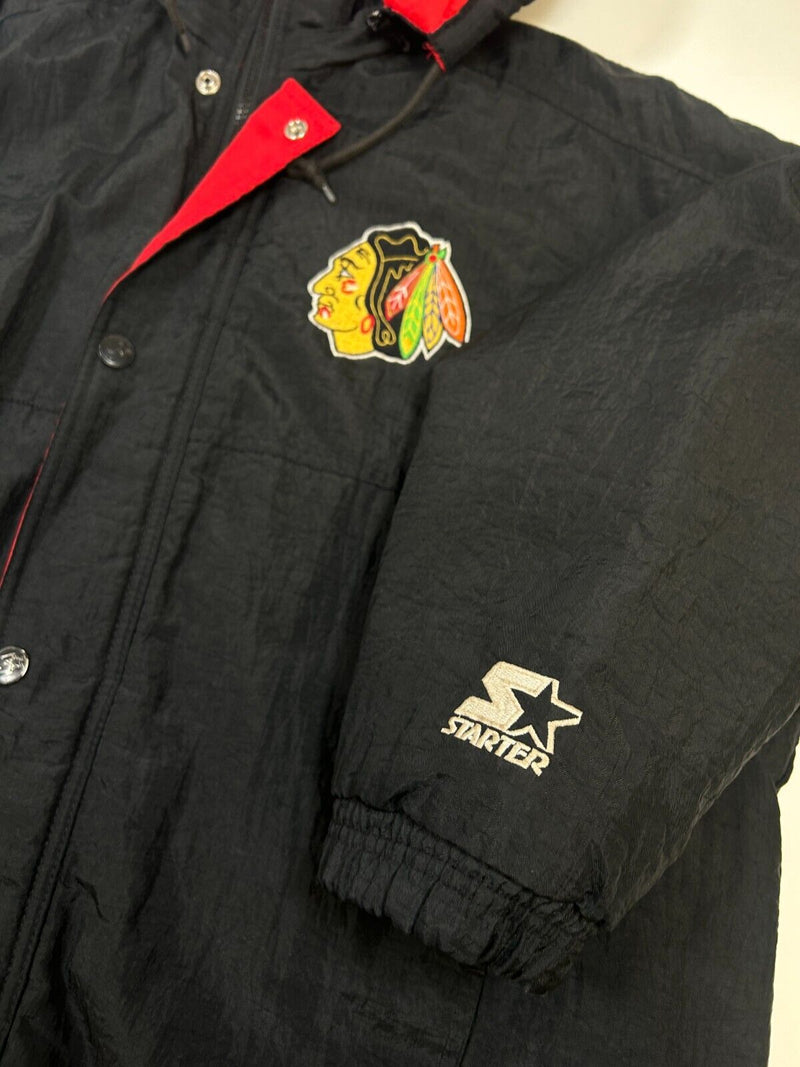 Vintage 90s Chicago Blackhawks NHL Starter Insulated Long Jacket Size XL Black