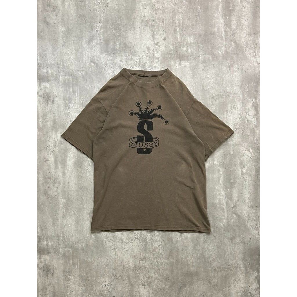 Vintage Stussy Crown Graphic Earth Tone Spellout T-Shirt Size LT