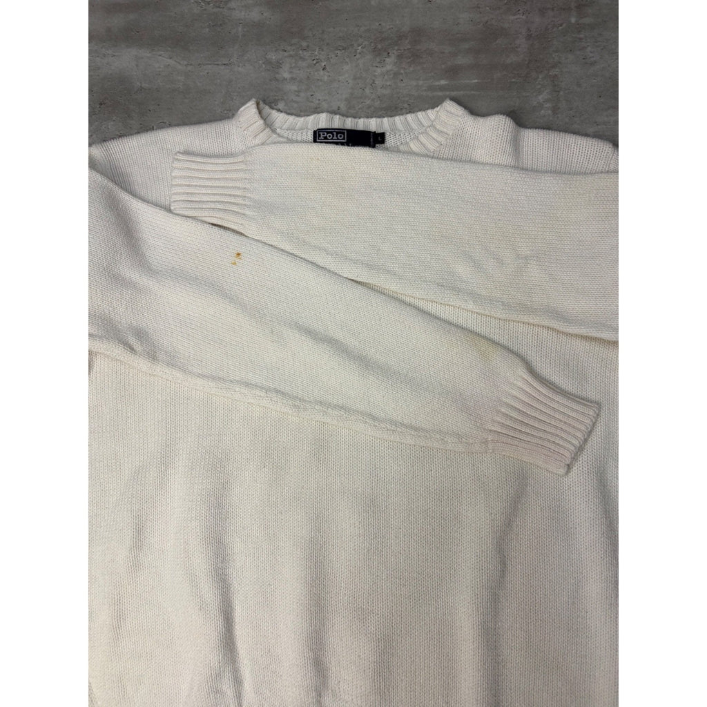 Vintage 90s Polo Ralph Lauren Embroidered Pony White Knit Sweater Size Large