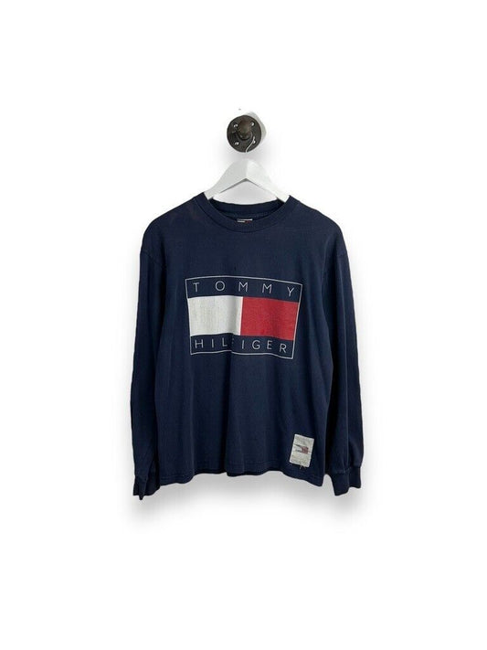 Vintage Tommy Hilfiger Flag Graphic Long Sleeve T-Shirt Size Medium Blue