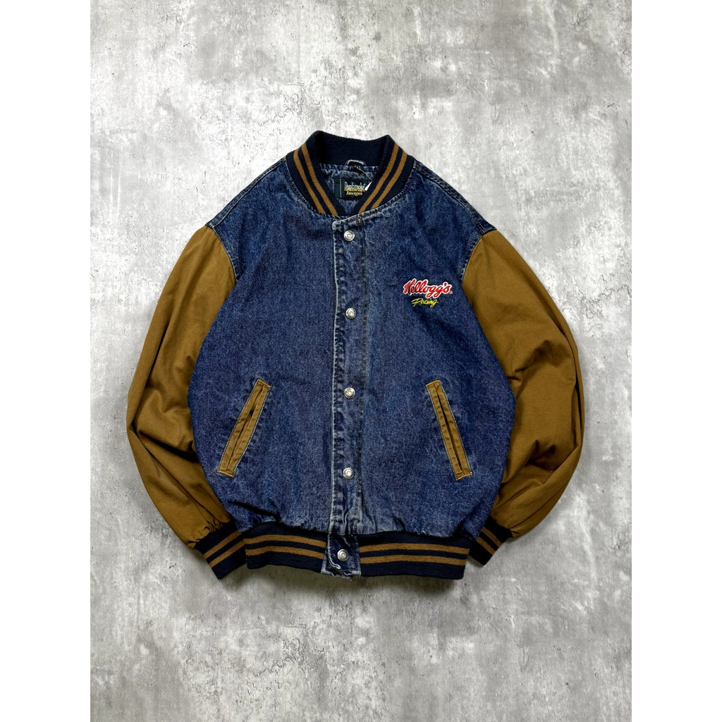 Vintage Kellogg's Racing Team Embroidered Logo Denim Varsity Jacket Size Small