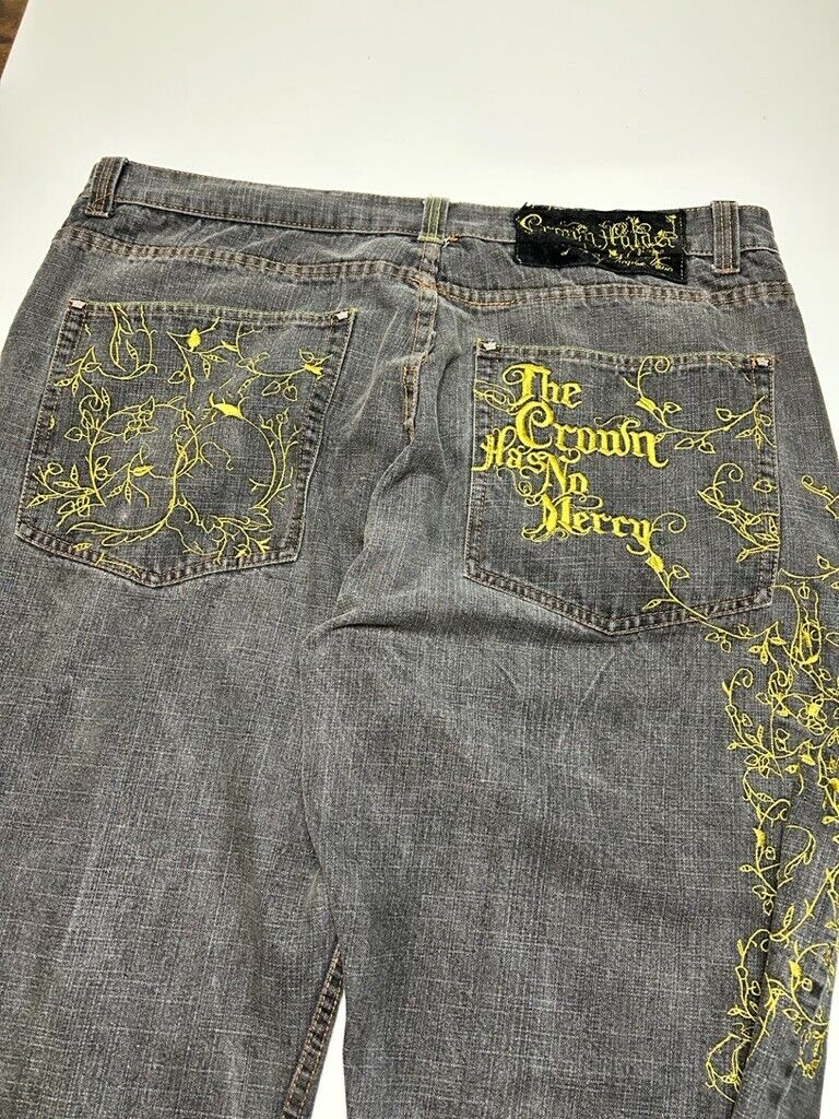 Vintage Y2K Crown Holder Baggy Fit Embroidered Graphic Denim Pants Size 43