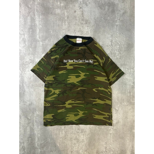 Vintage 2001 Ha! Now You Cant See Me! Comedy Slogan Spellout Camo T-Shirt Sz L