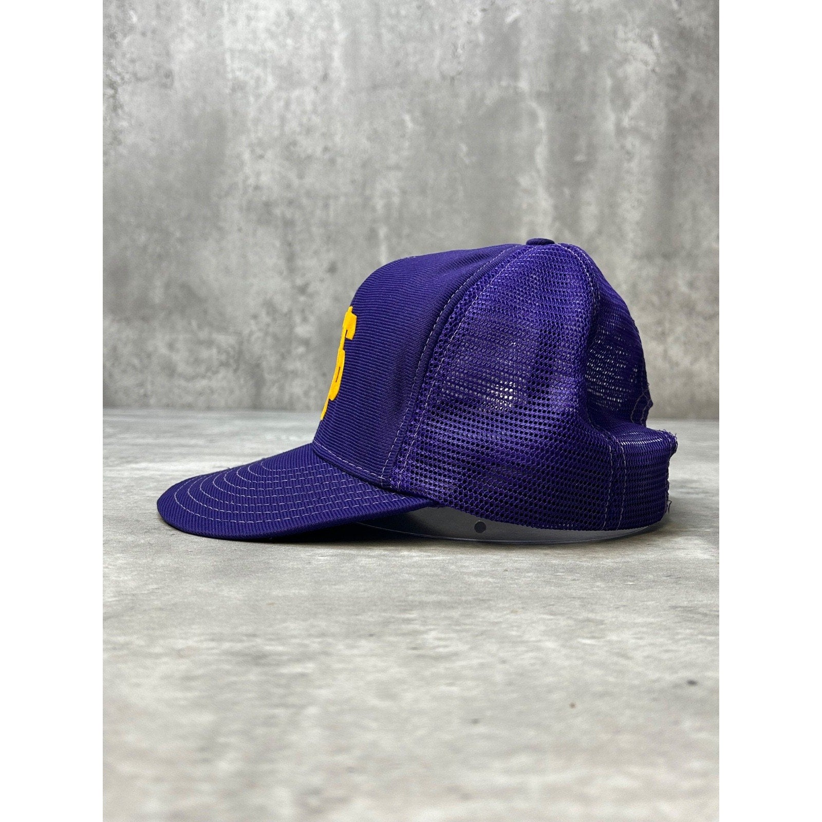 Vintage 80s SJ Graphic Two Tone Trucker Yellow/Purple Snapback Hat OSFA