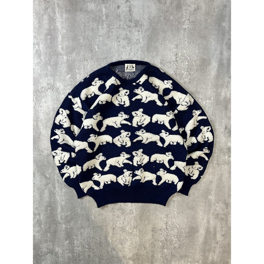 Vintage 80s/90s Hysport Koala Print Pullover Ribbed Knit Sweater Size XL Blue
