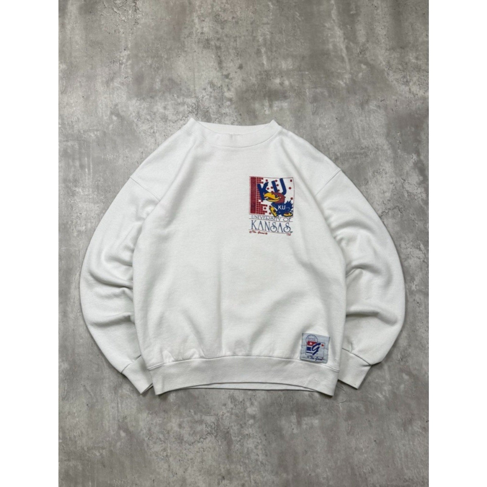 90s University Of Kansas NCAA Mascot Graphic Spellout Sweatshirt Size Large