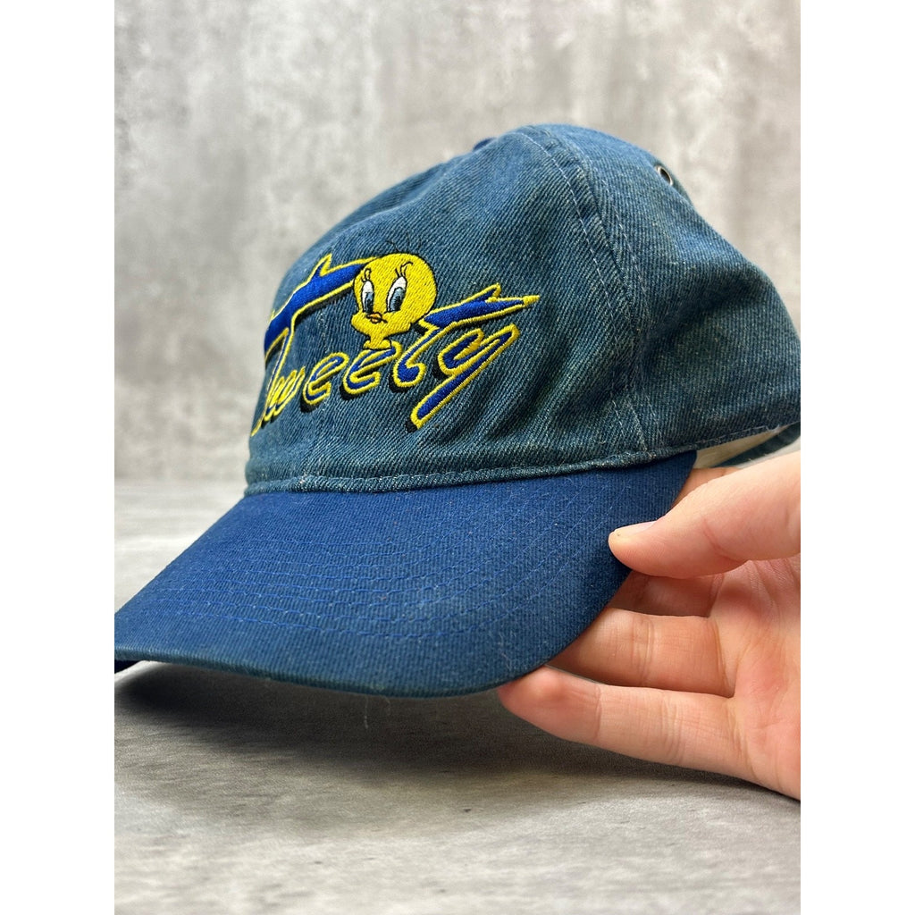 Vintage 2000 Looney Tunes Tweety Bird Embroidered Denim Strapback Hat OSFA
