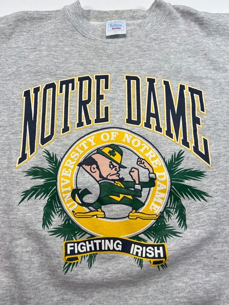 Vintage 90s Notre Dame Fighting Irish NCAA Graphic Crest Sweatshirt Sz 2XL Gray