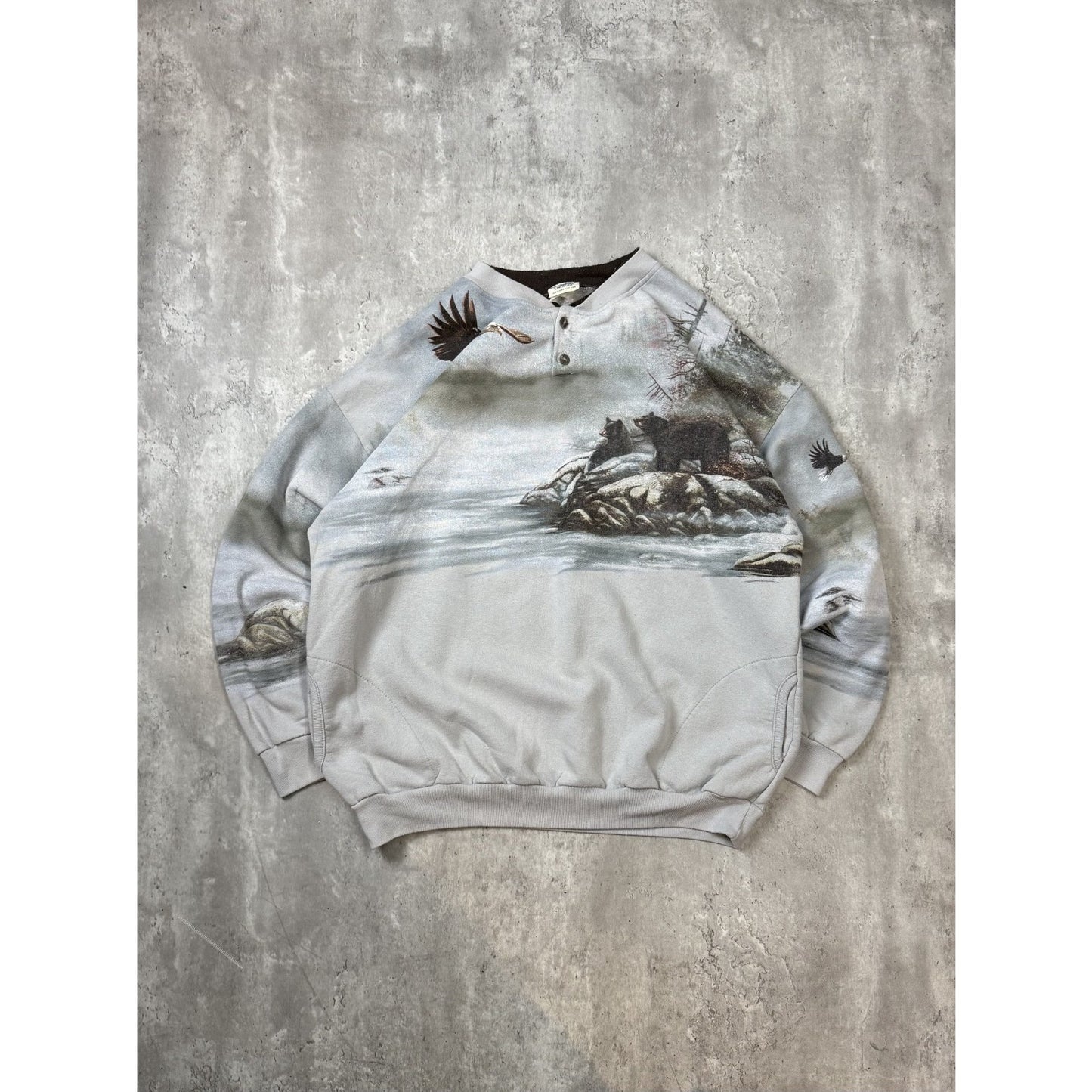 Vintage 90s Nature Animal Graphic All Over Print Sweatshirt Size 2XL Gray