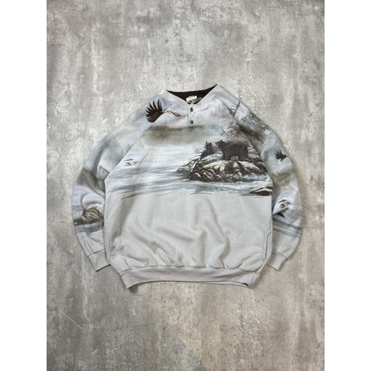 Vintage 90s Nature Animal Graphic All Over Print Sweatshirt Size 2XL Gray