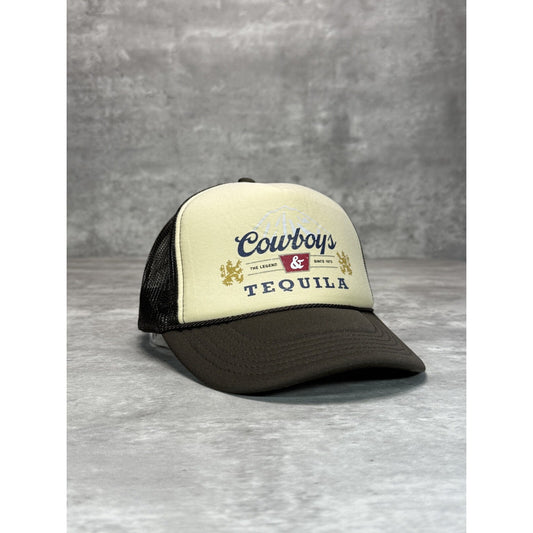 Vintage Cowboys & Tequila Parody Graphic Spellout Trucker Snapback Hat OSFA