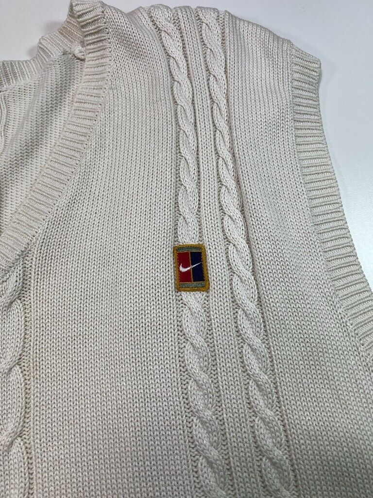 Vintage 90s Nike Golf Embroidered Patch 3D Knit V-Neck Sweater Vest Sz 2XL Beige