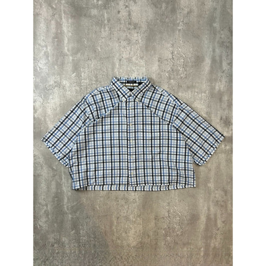 Vintage Van Heusen Plaid Short Sleeve Reworked Cropped Button Up Shirt Size XL