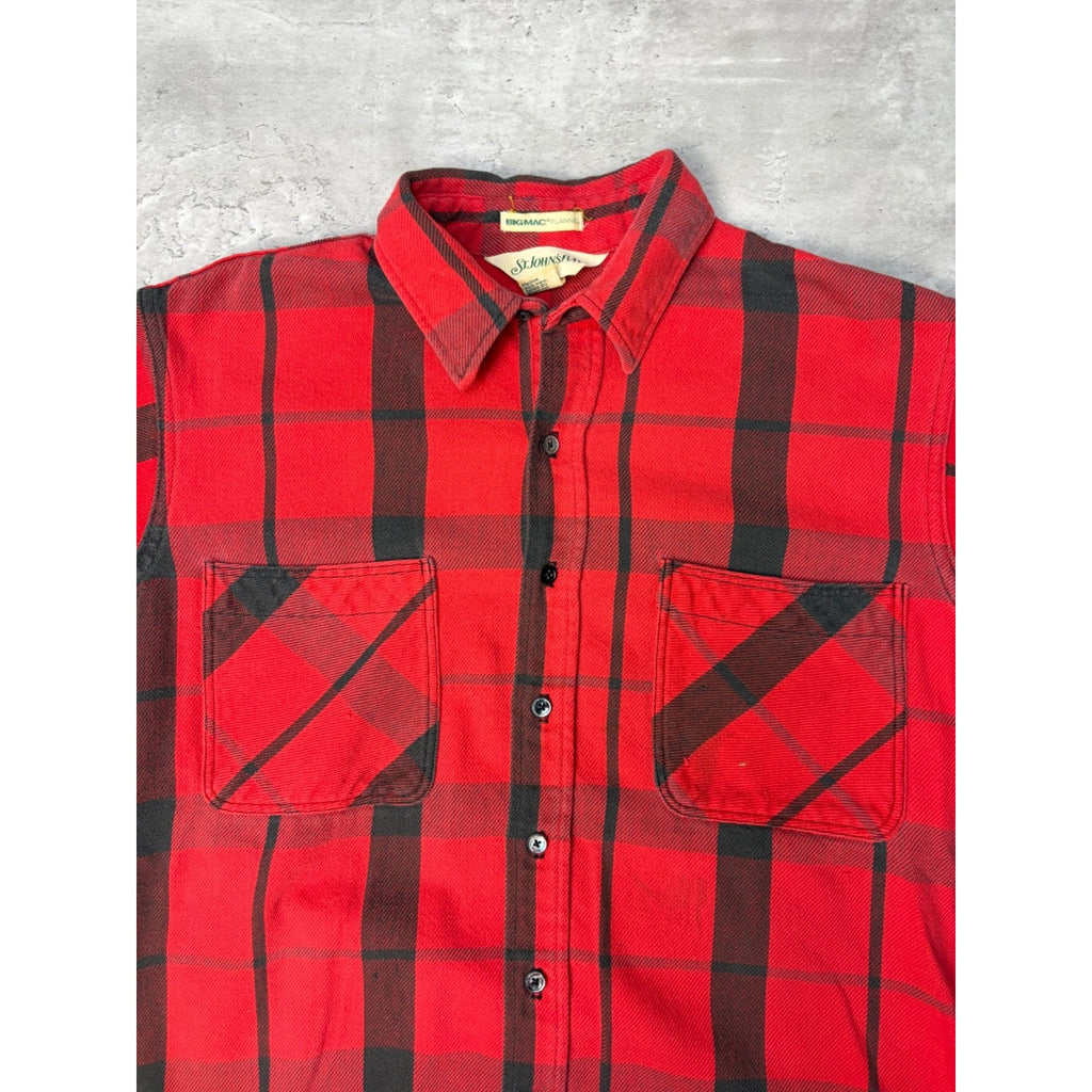Vintage 1970s St Johns Bay By Big Mac Red Plaid Print Button Up Shirt Sz Large