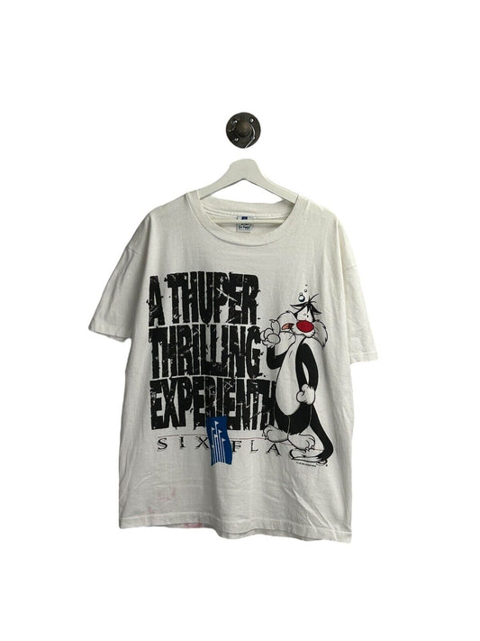 Vtg 1995 Looney Tunes Sylvester Six Flags Amusement Park Promo T-Shirt Sz L/XL