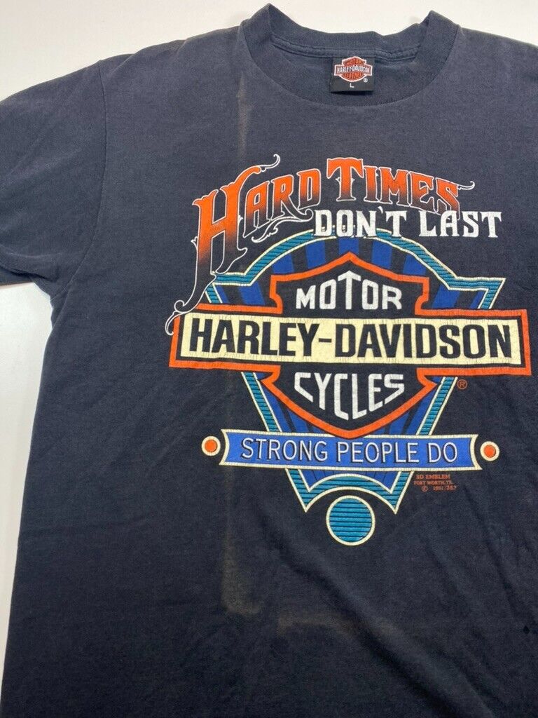 Vintage 1991 3D Emblem Harley Davidson Hard Times Dont Last T-Shirt Sz Large 90s