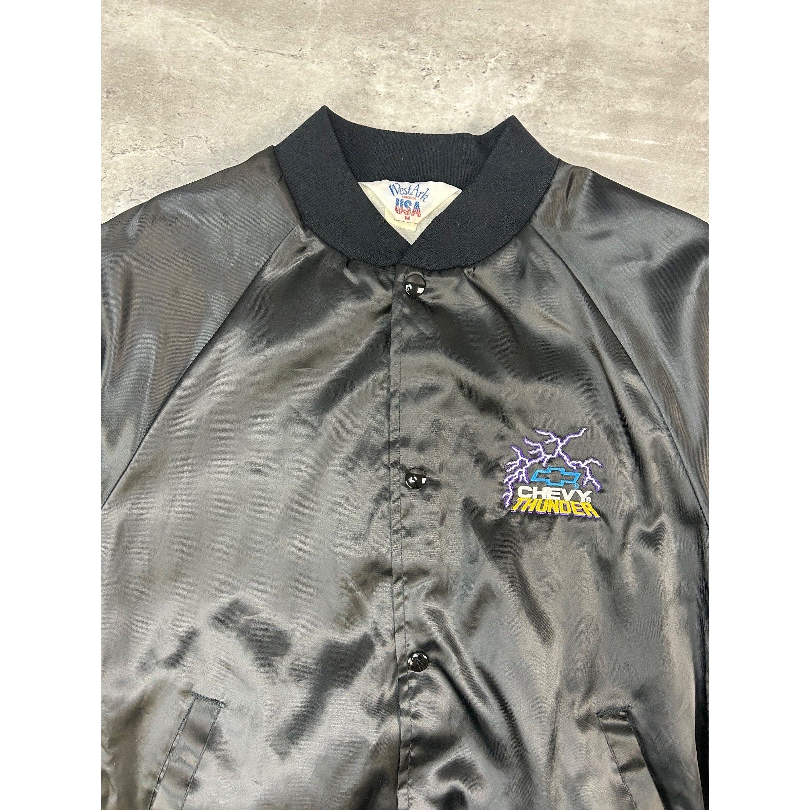 Vintage 80s/90s Chevrolet Thunder Embroidered Satin Bomber Jacket Size Medium