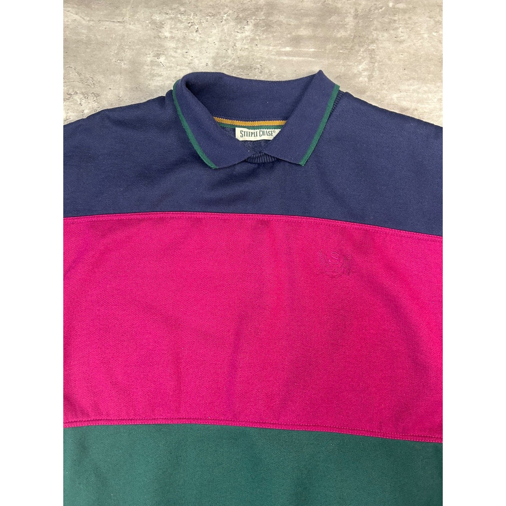 Vintage Steeple Chase Striped Embroidered Crest Collared Sweatshirt Size Medium