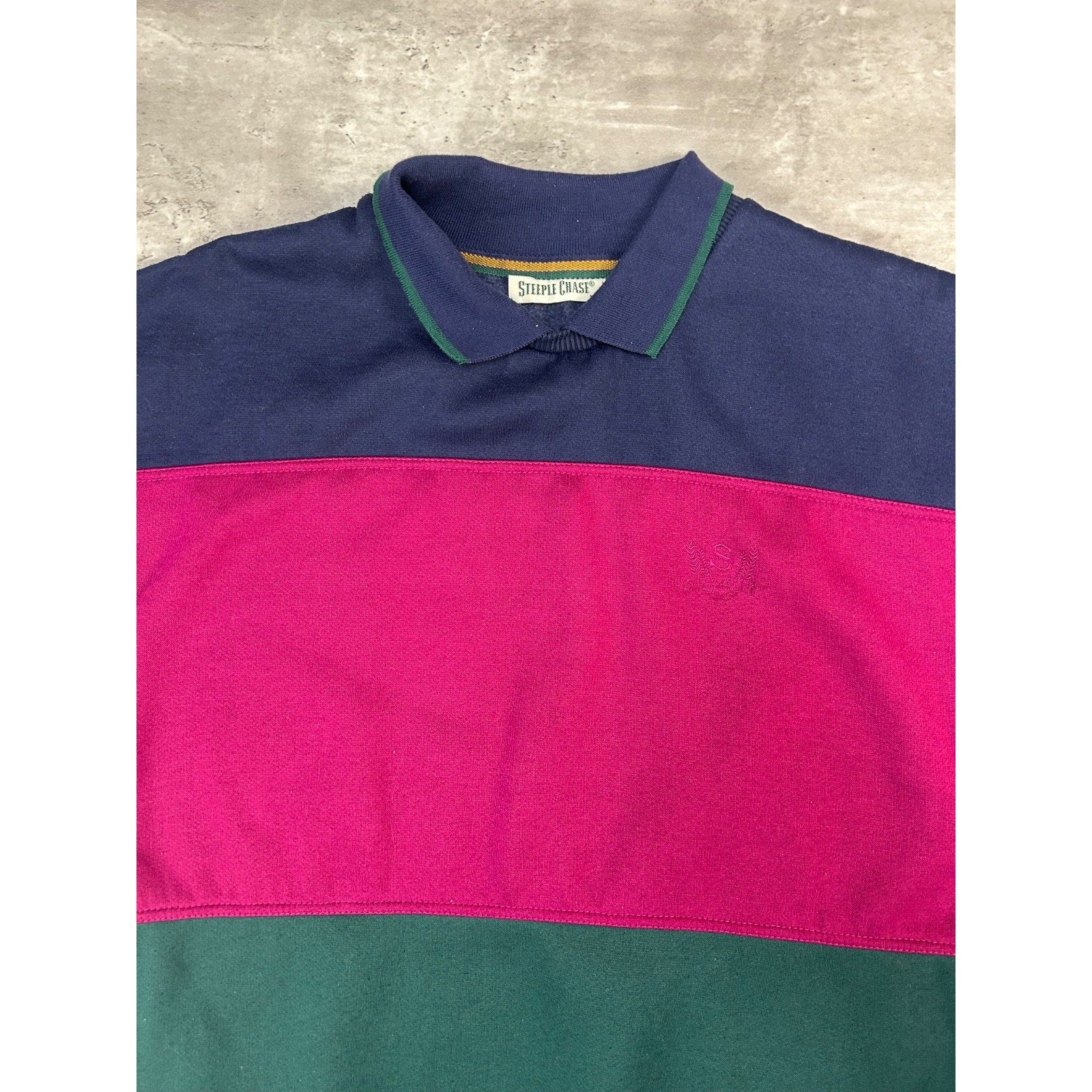 Vintage Steeple Chase Striped Embroidered Crest Collared Sweatshirt Size Medium