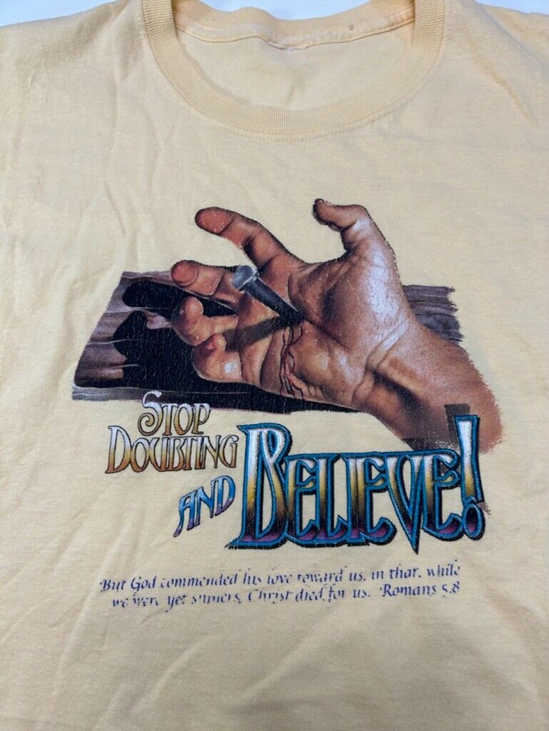 Vintage 90s Jesus Stop Doubting And Believe Religion T-Shirt Size Large Yellow