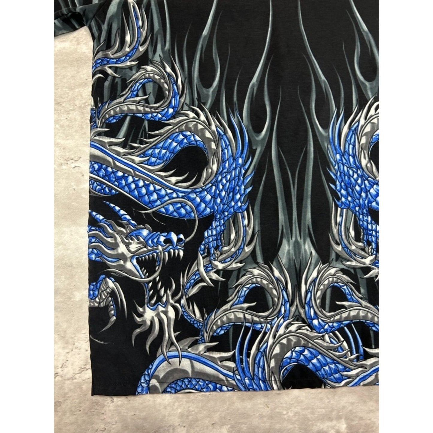 Vintage Y2K Flame Dragon All Over Print Short Sleeve Button Up Shirt Size Medium