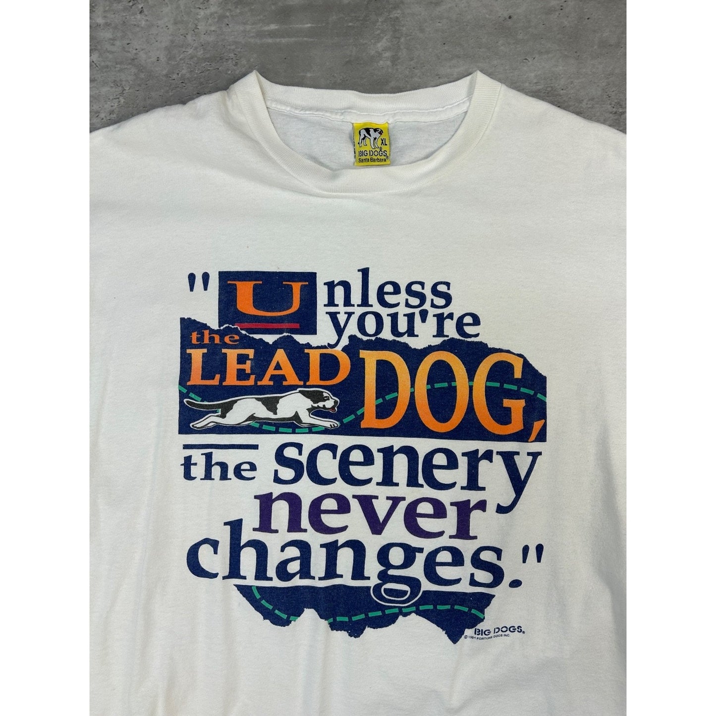 Vintage 1994 Big Dogs Unless You're The Lead Dog Slogan Graphic T-Shirt Size XL