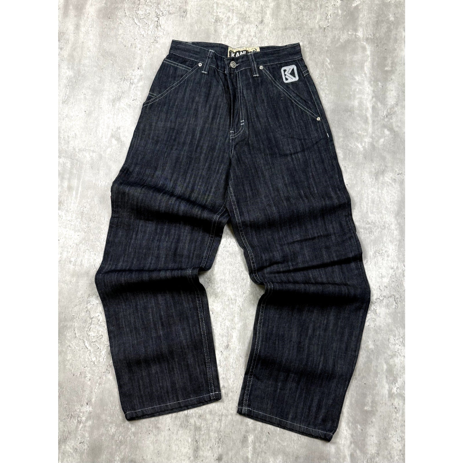 Vintage Y2K Womens Kani Embroidered Arc Spellout Dark Wash Denim Pants