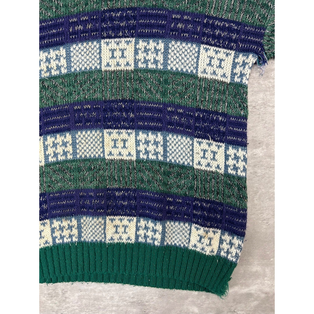 Vintage 90s Checkered Striped Print Pullover Knit Sweater Size Large