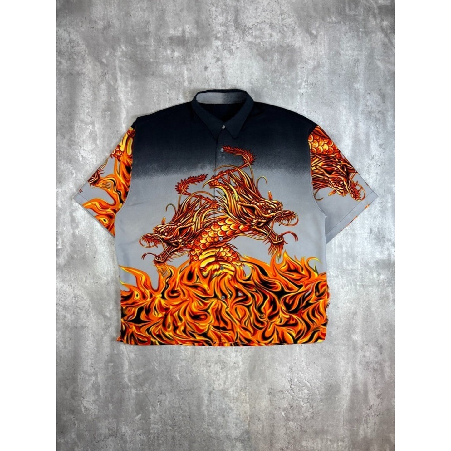 Vintage Y2K Anime Flaming Dragon All Over Print Graphic Button Up Shirt Size XXL