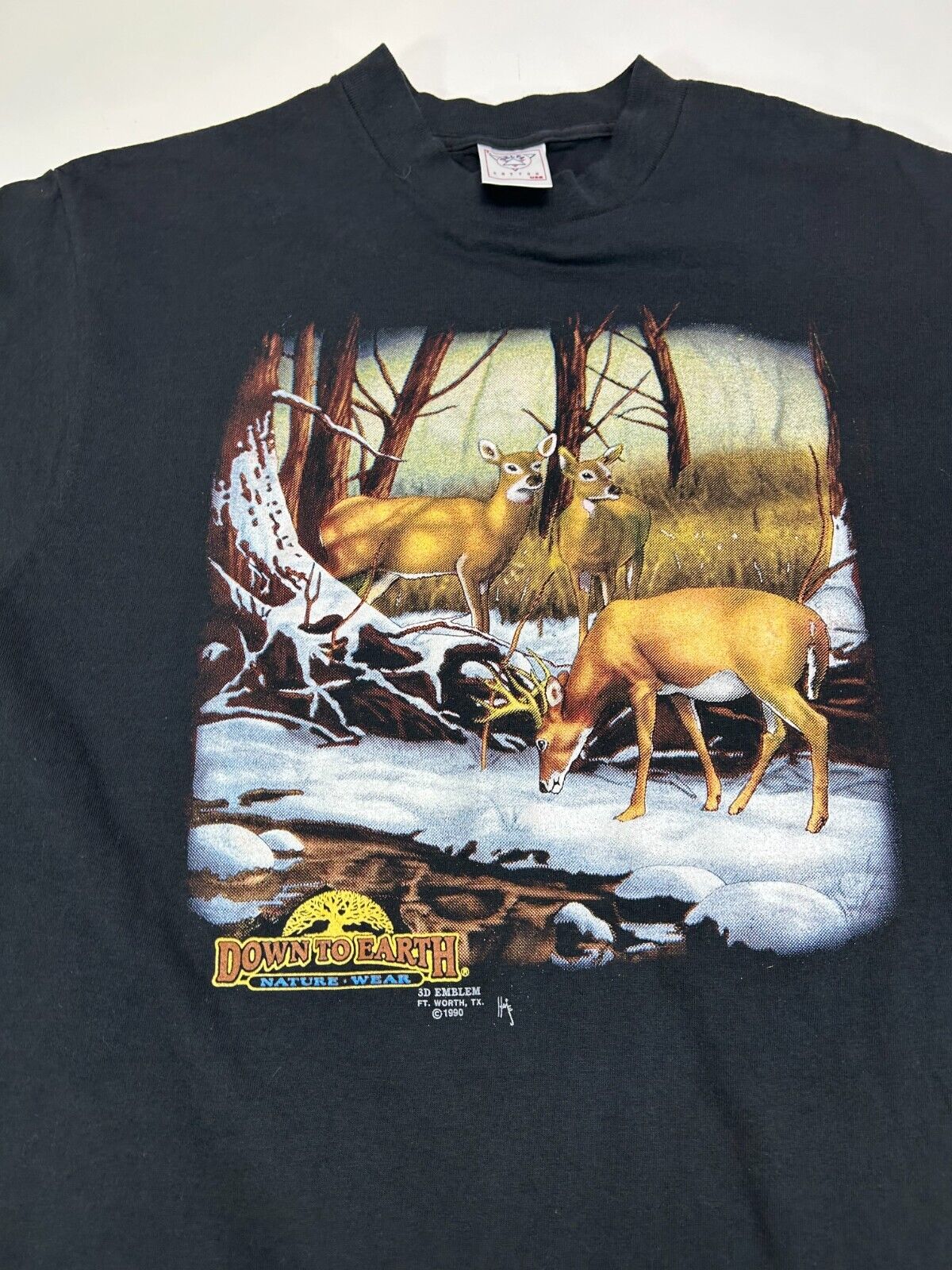 Vintage 1990 3D Emblem Down to Earth Nature Wear Deer Graphic T-Shirt Sz Large