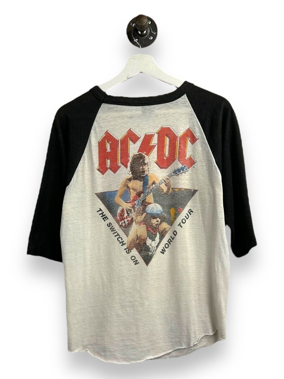 Vtg 80s ACDC Flick Of The Switch World Tour Rock Music Raglan T-Shirt Sz Medium