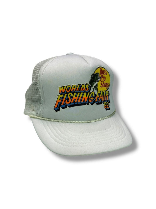 Vintage 1992 Bass Pro Shops Worlds Fishing Fair Trucker Snapback Hat OSFA White