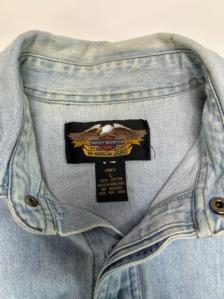 Vintage Harley Davidson Light Wash Denim Double Pocket Button Up Shirt Sz Large