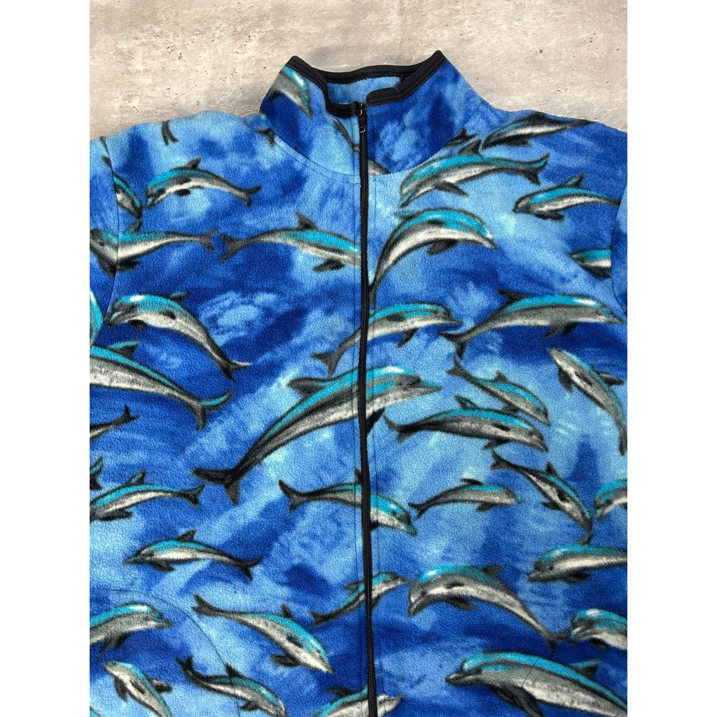 Vintage 90s Women's Dolphin All Over Print Animal Fleece Sweatshirt Size Large