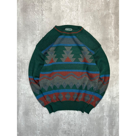 Vintage Campus Geometric Pattern Knit Sweater Size Large Green