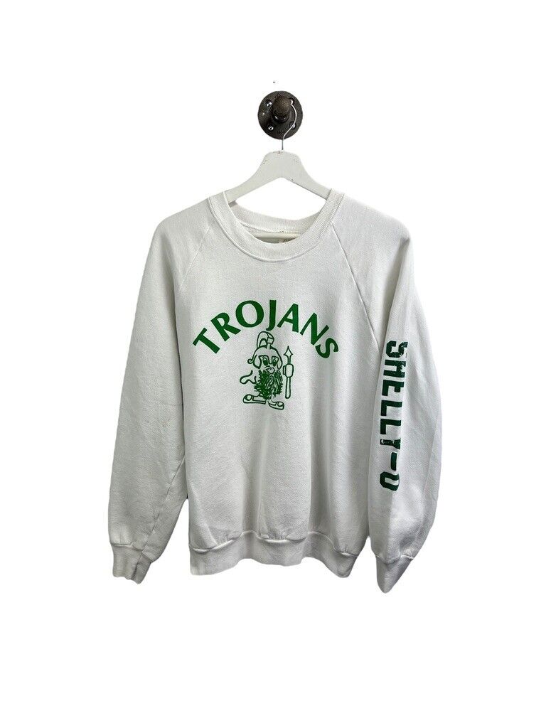 Vintage 1992 Trojans Collegiate Spellout Graphic Sweatshirt Size Large White